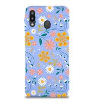 PrinfiFy Samsung Galaxy M20 Uyumlu Lansman Kılıf Çiçek Tasarımlı İçi Kadife Kapak (Lila)