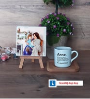 Anneye Hediye Fotoğraflı Dekoratif Taş, Ahşap Altlıklı Türk Kahvesi Fincanı Hediye (Model 1)