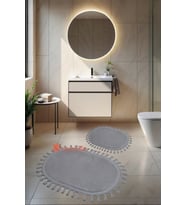 My Evilla Modern Simirna Dekoratif  Peluş Oval 60x100-50x60 Ponpon Saçaklı Klozet Takımı (Açık Gri)
