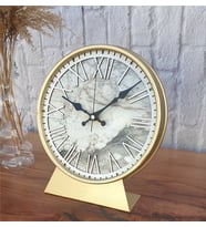 Markakanvas Metal Kasalı (Altın -Gold Renkli) Mermer Desenli  Masa ,Konsol Saati (Beyaz)