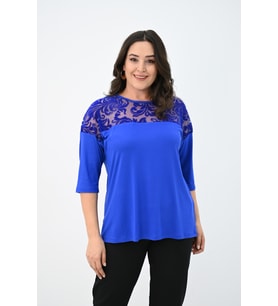 Kadın Büyük Beden Kadife Tül Detaylı Bluz 1856-2 (SAKS MAVI)