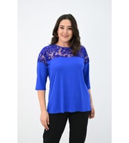 Kadın Büyük Beden Kadife Tül Detaylı Bluz 1856-2 (SAKS MAVI)