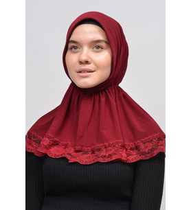 Dantelli Lastik Büzgülü Tela Bantlı Çıtçıtlı Hazır Türban Pratik Eşarp (Bordo)