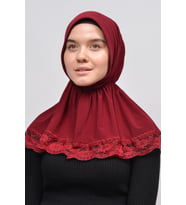 Dantelli Lastik Büzgülü Tela Bantlı Çıtçıtlı Hazır Türban Pratik Eşarp (Bordo)