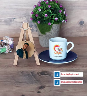 Grafiker Türk Kahvesi Fincanı Ahşap Altlıklı ve Fotoğraflı Ahşap Anahtarlık Hediye (Model 4)