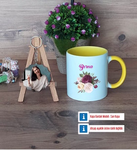 İsme Özel Doğum Günü Hediyesi Kupa Bardak Beyaz ve Fotoğraflı Ahşap Anahtarlık Hediye (Model 7)