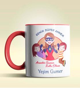 Kişiye Özel Benim Süper Annem 2 Temalı Pembe Kupa Bardak (Kırmızı)