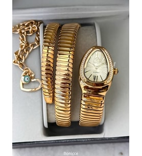 Yılan Saat, Sarı Gold Çelik Kordon, Kadın Saat, Şık Hediye Paketinde Kalp Bileklik