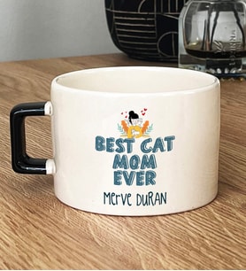 Kişiye Özel Best Cat Mom Ever Hediye Lüks Fincan En İyi Kedi Annesi (Siyah)