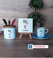 Ütopyalar Güzeldir Hediye Seti Dekoratif Taş, Kalemlik, Ahşap Altlıklı Türk Kahvesi Fincanı Hediye (Model 5)