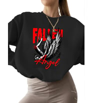 erkek bisiklet yaka Bej Sweatshirt Sweatshirt Düşmüş melek Baskılı 3 iplik şardonlu kadın unisex (Siyah)