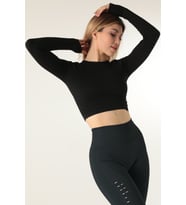 DoReMi Uzun Kollu Bisiklet Yaka Fitilli Crop (Siyah)