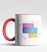 Kişiye Özel Mutlu Yıllar Yıldızlı Tasarımlı Siyah Kupa (Kırmızı)