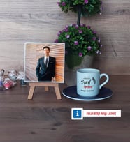Sınıf Öğretmeni Fotoğraflı Dekoratif Taş, Ahşap Altlıklı Türk Kahvesi Fincanı Hediye (Model 4)