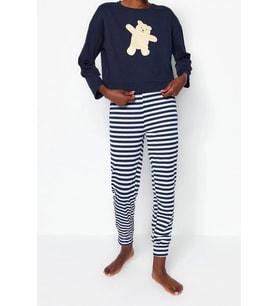 Tarz Rahat Uzun Kollu Lastikli Paça %100 Pamuklu Ayıcık Baskılı Örme Pijama Takımı (Lacivert)