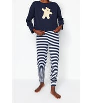 Tarz Rahat Uzun Kollu Lastikli Paça %100 Pamuklu Ayıcık Baskılı Örme Pijama Takımı (Lacivert)