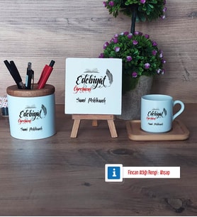 Edebiyat Öğretmeni Hediye Seti Dekoratif Taş, Kalemlik, Ahşap Altlıklı Türk Kahvesi Fincanı Hediye Öğretmenler Günü Hediyesi (Model 1)