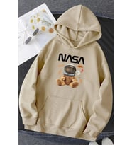 Unisex Nasa Bear Baskılı Sweatshirt (Bej)