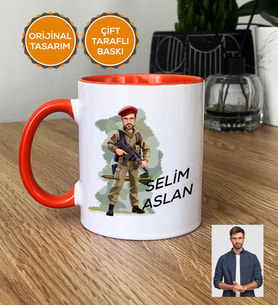 Kişiye Özel Karikatürlü Asker Kupa Bardak Beyaz Askere Hediye Asker Sevgiliye Hediye (Turuncu)