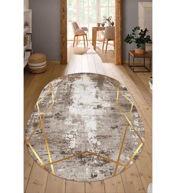 Dijital Baskılı Kaymaz Taban Yıkanabilir Oval Salon Halısı Mutfak Halısı Yolluk NDO-HT-694 (Gold)