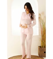 Premium Kutulu Emzirme Bölmeli Dantelli Hamile Lohusa Pijama Takımı (Pembe)