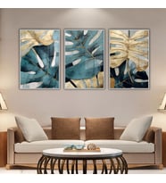 3'lü Metal Çerçeveli Cam Tablo Seti Soyut Turkuaz Gold Yaprak (Gümüş)