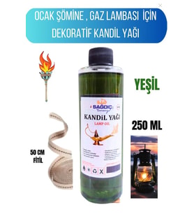 Sağdıç Saraciye Kandil Yağı Kokusuz Dumansız Iç Mekan Kandil Sıvısı 250 Ml+50cm Fitil kendallr0y (Yeşil)