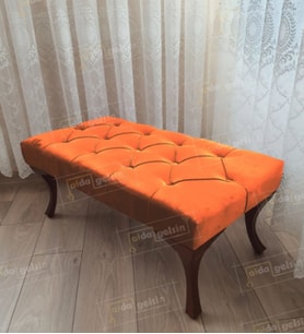 Kapitoneli Ayak Ucu Kapı Önü Antre Bench Puf Ceviz Ayak (90*45) (Turuncu)