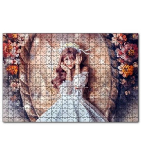 Cakapuzzle Ayna Çiçekler Önünde Beyaz Elbiseli Geyik Boynuzlu Kı  Puzzle Yapboz MDF (Ahşap) (500 Parça)