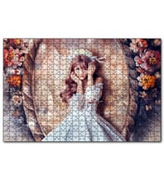 Cakapuzzle Ayna Çiçekler Önünde Beyaz Elbiseli Geyik Boynuzlu Kı  Puzzle Yapboz MDF (Ahşap) (500 Parça)
