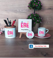 Ebe Hediye Seti Dekoratif Taş, Kalemlik, Ahşap Altlıklı Türk Kahvesi Fincanı, Ahşap Anahtarlık Hediye (Model 6)
