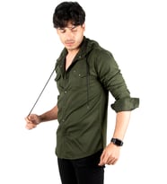 DeepSEA Erkek   Kapüşonlu Cepli Slim Fit Likralı Kot Gömlek 2300396 (Haki)