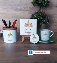 Unicorn Hediye Seti Dekoratif Taş, Kalemlik, Ahşap Altlıklı Türk Kahvesi Fincanı, Ahşap Anahtarlık Hediye (Model 9)