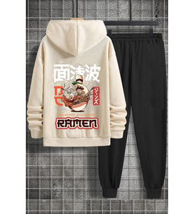 Unisex Ramen Baskılı Eşofman Takımı (Bej)