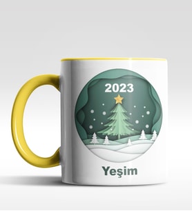 Kişiye Özel Çam Ağacı 2022 Tasarımlı Siyah Kupa (Sarı)