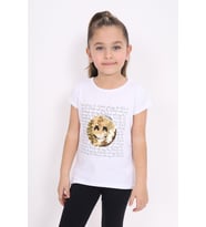 Toontoy Kız Çocuk Gülen Yüz Pullu Nakış Tişört (Beyaz)