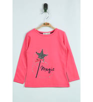 Toontoy Kız Çocuk Pullu Yıldız Nakışlı T-Shirt (Fuşya)