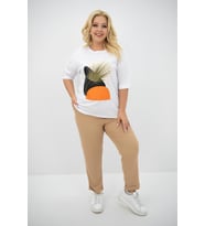 Kadın Büyük Beden Baskı Detaylı T-shirt Takım 8105-24 (Bej)