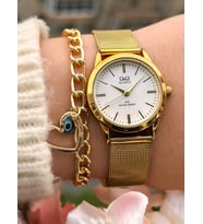 Q&Q Marka Çelik Hasır Kordon, Su Geçirmez, 2 Yıl Garantili  ALTIN Renk Kadın Kol Saati+Bileklik (Gold)