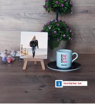 Teyzeye Hediye Fotoğraflı Dekoratif Taş, Ahşap Altlıklı Türk Kahvesi Fincanı Hediye (Model 7)