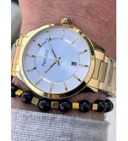 Ferrucci Trend Model Çelik Kordon 2 yıl Garantili Sarı Renk Erkek Kol Saati Bileklik Hediyeli (Gümüş)