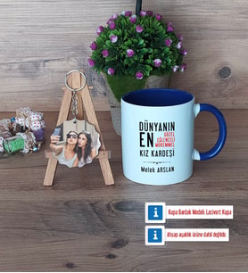 Kız Kardeş Kupa Bardak Beyaz ve Fotoğraflı Ahşap Anahtarlık Hediye (Model 3)
