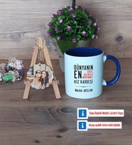 Kız Kardeş Kupa Bardak Beyaz ve Fotoğraflı Ahşap Anahtarlık Hediye (Model 3)