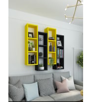 Kitaplık Modern Duvar Rafı Kırmızı Siyah 4 Lü Takım (Siyah-Sarı)