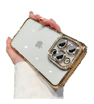 Uyumlu Model Apple iPhone 12 Pro Kılıf Koruma Lensli Taşlı Dizayn Şeffaf Kapak (Gold)