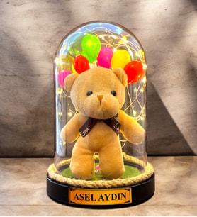 Kişiye Özel Sevimli Ayıcık Temalı Fanus Aranjmanı / Led Lambalı ve Balonlu Tasarım (Kahverengi)