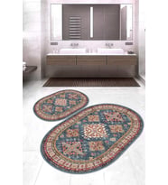 Dijital Baskılı Kaymaz Taban Yıkanabilir Oval 2'li Klozet Takımı Banyo Paspası NOKZ-HY-1004 (Mavi)