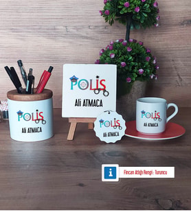 Polis Hediye Seti Dekoratif Taş, Kalemlik, Ahşap Altlıklı Türk Kahvesi Fincanı, Ahşap Anahtarlık Hediye (Model 8)