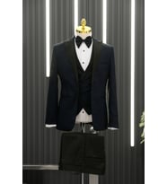 Slimfit (Skinny Kesim) Şal Desenli Sivri Sabit Yaka Yelekli Papyonlu Smokin Takım Elbise (Lacivert)