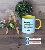 Baba Kupa Bardak Beyaz ve Fotoğraflı Ahşap Anahtarlık Hediye (Model 7)
